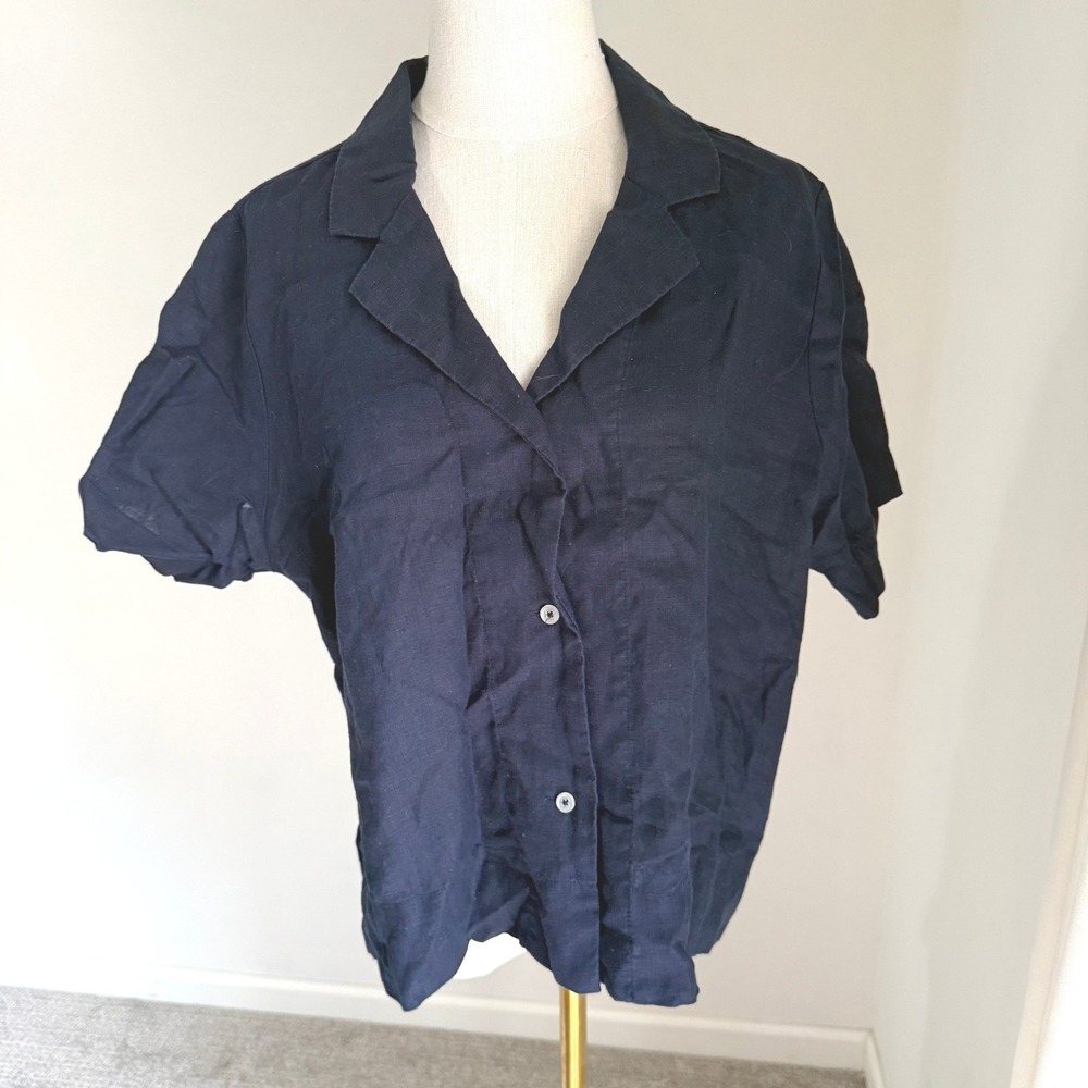 Quince 100% European Linen Short Sleeve Shirt Navy Large Minimal Coastal Luxury